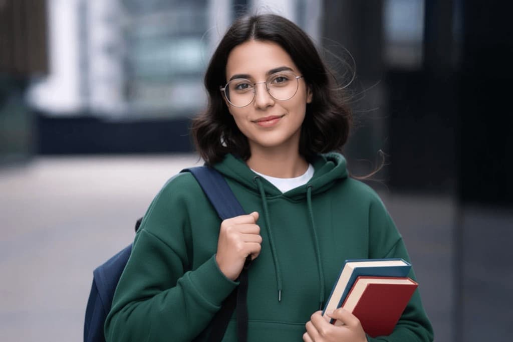 Student with books in city campus setting